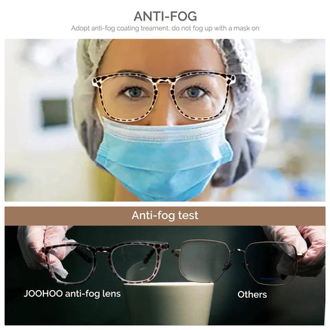 Nurse wearing anti-fog safety goggles with blue light filter; comparison of anti-fog lens effectiveness in a lab setting.