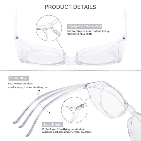 Close-up of clear nurse safety goggles with integrated nose pad and side shields, highlighting anti-fog eye protection and flexible hinges.