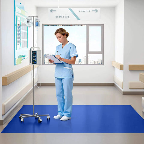 Nurse in hospital room on Blue Sticky Tacky Mat 24x36 Inches With 150 Sheets For Cleanroom Lab Hospital Grade Construction Dust Control