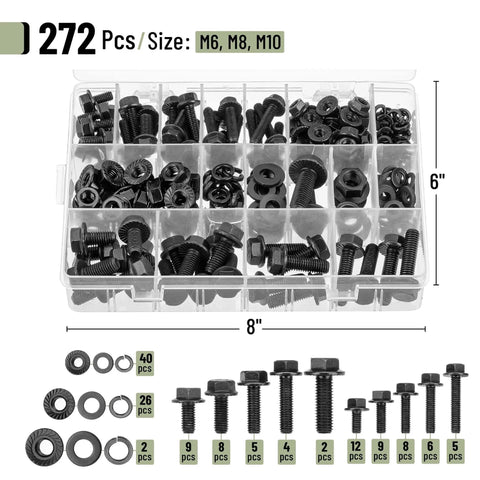 Nuts And Bolts Assortment Kit 272 Pieces Flange Hex Bolts Nuts Washers Grade 10.9 Black Carbon Steel M6 M8 M10