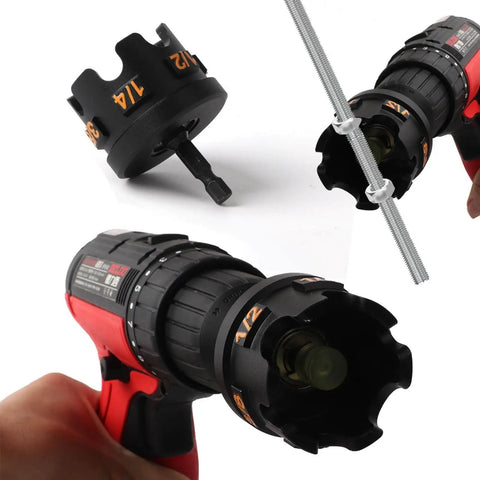 Durable aluminum nut spinning drill attachment quickly tightens and loosens 1/4, 3/8, and 1/2 inch threaded rods with hex shank compatibility