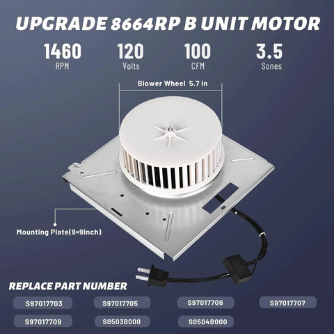 8664RP 8663RP for Nutone 8664RP/8663RP B Unit Bathroom Fan Motor with mounting plate and specifications.