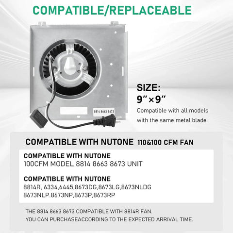Front view of Compatible with Nutone 8814R 8673RP Unit 110CFM Fan, 3.5 Sones 9"x9" copper motor replacement for bathroom fans.