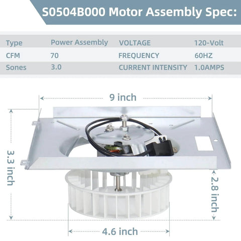 769RL B Unit for NuTone S0504B000 Motor Assembly product showing dimensions and specifications, includes metal and plastic parts