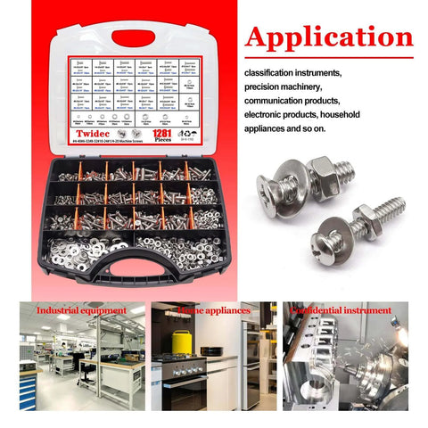 Twidec 1281PCS nuts bolts kit in storage case with application examples for various machinery and appliances use