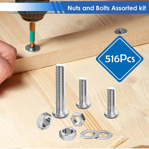 516Pcs Nuts and Bolts Assortment Kit 21 Sizes M3 M4 M5 M6 Nuts Washers Screws for Machinery Furniture Automotive