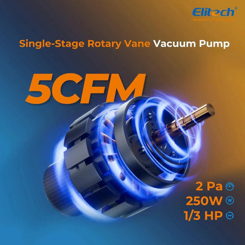 Heavy Duty NVP-5 HVAC Vacuum Pump With 5 CFM Flow And 2 L Per Second, One Third HP Single Stage Rotary Vane by Elitech