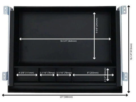 Top view of Pencil Drawer by NYCCO Underdesk Drawer 23 Inch Wide - Ball-Bearing Slides - Black, showing dimensions and compartments.