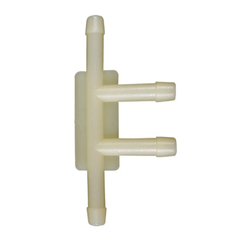 Plastic vacuum hose tee connector with three barbed ports, ivory color for automotive use