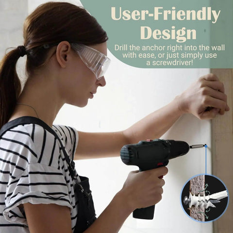 Person using drill to install Reinforced Nylon 66 Drywall Repair Anchors Kit with Carbon Steel Screws, focus on anchor insertion