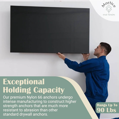 Man mounting a TV using Reinforced Nylon 66 Drywall Repair Anchors Kit with Carbon Steel Screws, 90lb Hold, Small Wall Hanging Set.