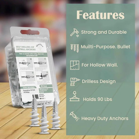 Reinforced Nylon 66 Contractor Bulk Sheetrock Anchors package with features list shown, suitable for TV stands and drywall mounting
