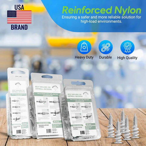 Reinforced Nylon 66 Heavy Duty Wall Anchors 90lb Bulk Pack packaging with USA brand label and icons for durability and quality