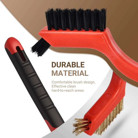 6 Pieces Wire Brushes Set with comfortable handle, nylon and brass bristles for cleaning welding slag and rust, scratch brush shown