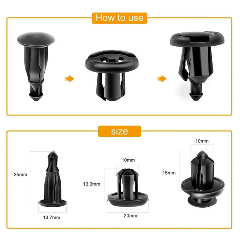 Universal Push Type Bumper Fasteners And Rivet Clips Kit With 150 Pieces In Two Sizes For Auto Body Bumper Fender Clips Replacement And Included Fastener Removal Tool By GOOACC, showing close-up and size dimensions of 8mm and 10mm nylon clips.