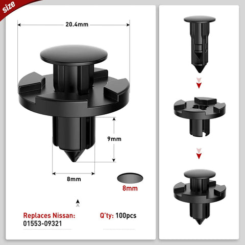 100 Pcs Nylon Bumper Rivet Clips Set For Nissan Vehicles 8mm Hole OEM Replacement 01553 093210 with dimensions and usage shown