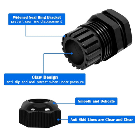 20 Pack Nylon Cable Glands 1/2 Inch NPT Waterproof Adjustable 6-12mm Diameter Heavy Duty Plastic Cable Gland Joints With Gaskets, black close-up