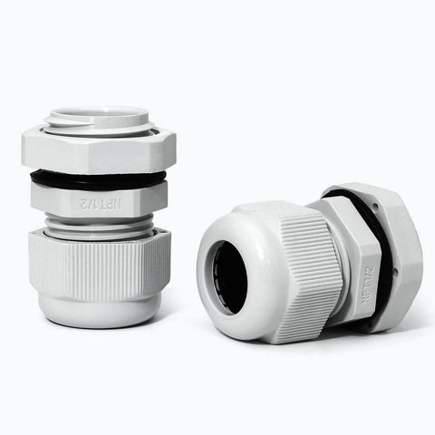 10 Pack Nylon Cable Glands Half Inch NPT IP68 Weatherproof Cord Grip With Adjustable Strain Relief For 6 To 12mm Cable Diameter Tough As Nails Panel Mount Grey, front and side view.