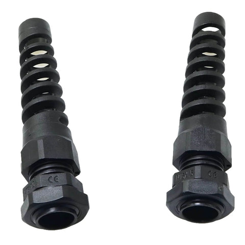 Front view of heavy duty waterproof nylon cable gland 16mm thread five eighth inch IP68 connector with strain relief and locknut
