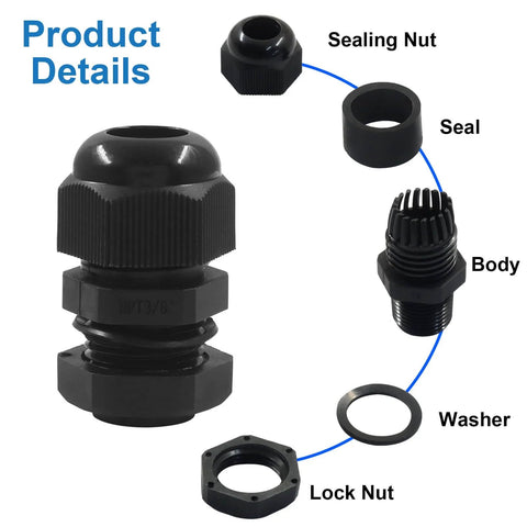 Three Eighths Inch NPT Cable Glands Nylon Waterproof Adjustable Cord Grips with Locknut and Gaskets, showing parts including sealing nut and washer