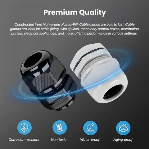 Image of two 32-38mm Threaded Cable Glands With Gasket And Washer, Nylon PA Plastic Cord Grip, ideal for electrical boxes.