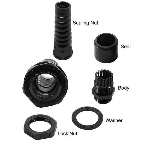 Five Pack NPT Half Inch Cable Glands With Strain Relief IP68 Waterproof Cable Gland With Adjustable Locknut For Six To Twelve Millimeter Wire Diameter Range Built Tough showing components: sealing nut, lock nut, washer, body, and seal.