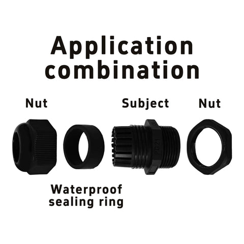 5 Pack PG21 Nylon Cable Gland Connectors Waterproof IP68 With Adjustable Locknut Protectors for 13-18mm Cables shown disassembled
