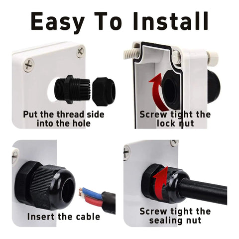 Installation steps for 5 Pack PG21 Nylon Cable Gland Connectors Waterproof IP68 With Adjustable Locknut Protectors for 13-18mm cables.