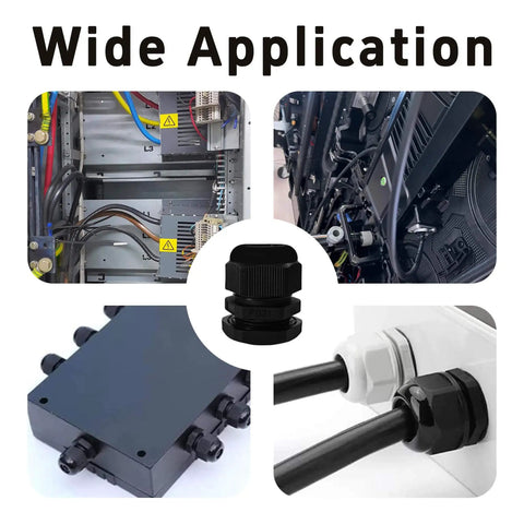 Collage showing 5 Pack PG21 Nylon Cable Gland Connectors Waterproof IP68 With Adjustable Locknut Protectors installed in various setups.