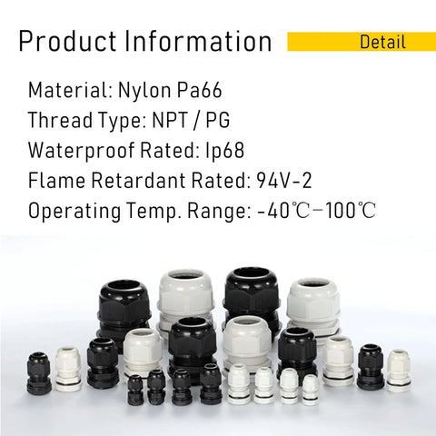 Assorted sizes of All Weather IP68 Waterproof Nylon Cable Gland Connectors PG7 With Locknut And Gaskets shown in various views.