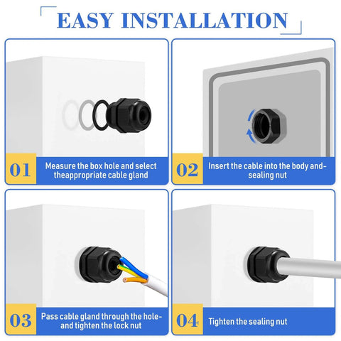 100 Piece Nylon Cable Gland Kit With Five Sizes 3 To 25 Mm Includes PG7 PG9 PG13.5 PG21 And PG29 Waterproof NPT Weatherproof Strain Relief Pass Through Cord Gland Connectors installation steps