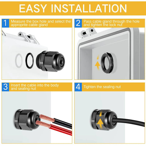 Diagram illustrating easy installation of 200 Pack Half Inch NPT Black Nylon Cable Glands IP68 Waterproof Adjustable Locknut.