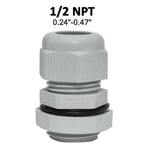 10 Pack Nylon Cable Glands Half Inch NPT IP68 Weatherproof Cord Grip With Adjustable Strain Relief For 6 To 12mm Cable Diameter Tough As Nails Panel Mount Grey, showing single white gland with size marking.