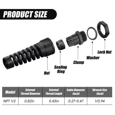 Durable Nylon Cable Gland Half Inch Diameter Wire Waterproof Strain Relief With Tight Clamp And O Ring Seal IP68 NPT Half Inch