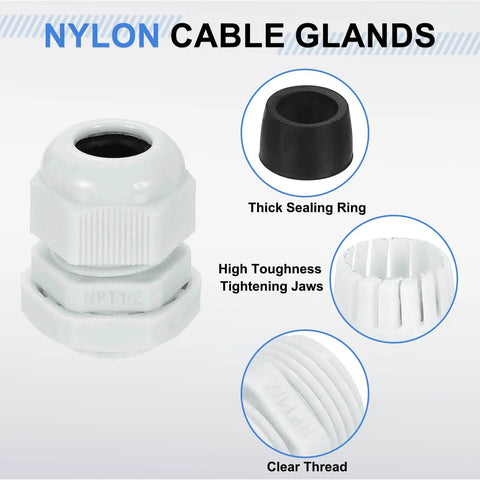 Six Pack Nylon Cable Glands One Half Inch NPT Waterproof Cord Grip Connectors, focusing on components like sealing ring and tightening jaws.