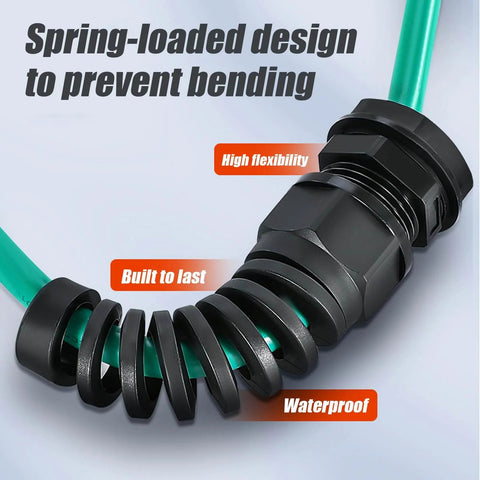 Close-up of Durable Nylon Cable Gland Half Inch Diameter Wire Waterproof Strain Relief With Tight Clamp And O Ring Seal IP68 NPT Half Inch For Outdoor Electrical Boxes, 10 Pack with green cable and spring-loaded design