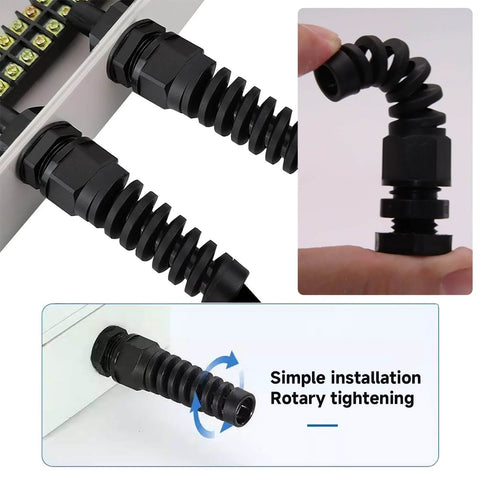 Durable Nylon Cable Gland Half Inch Diameter Wire Waterproof Strain Relief With Tight Clamp And O Ring Seal IP68 NPT Half Inch For Outdoor Electrical Boxes, 10 Pack shown installed and in hand for demonstration.