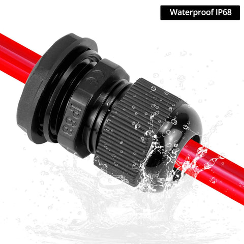 1/2 Inch NPT Nylon Cord Grip Cable Glands Waterproof IP68 Strain Relief Pack Of 20 Black installed on red cable