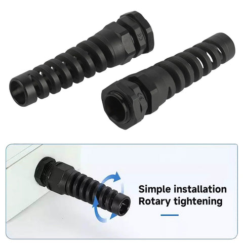 Two Rugged Nylon Cable Gland Waterproof IP68 Sealing With Strain Relief For Three Eighths Inch Cables shown with installation view.