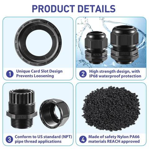 25 Pack Nylon Cable Gland Joints With Gaskets Three Quarter Inch NPT Waterproof IP68 Strain Relief Cord Grip Fittings product details