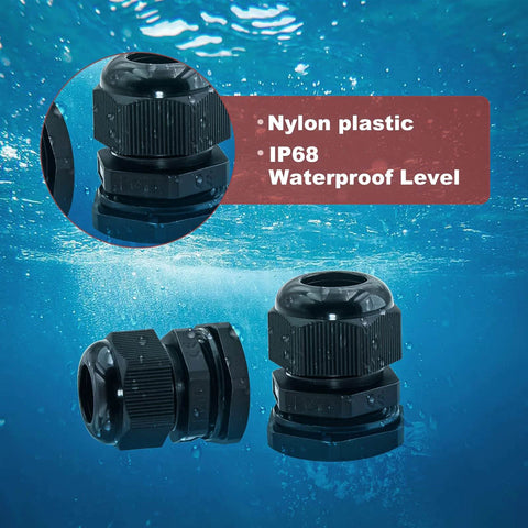 25 Pack Nylon Plastic Cable Glands Waterproof Adjustable PG7 7/64 To 1/4 Inch 3mm To 6.5mm Sealed Wire Joint Protectors With Gaskets For Reliable Moisture Proofing, Insulation, And Anti Aging on blue water background.
