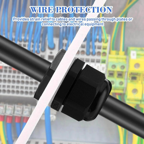 100 Piece Nylon Cable Gland Kit With Five Sizes 3 To 25 Mm Includes PG7 PG9 PG13.5 PG21 And PG29 Waterproof NPT Weatherproof Strain Relief Pass Through Cord Gland Connectors installed in electrical panel