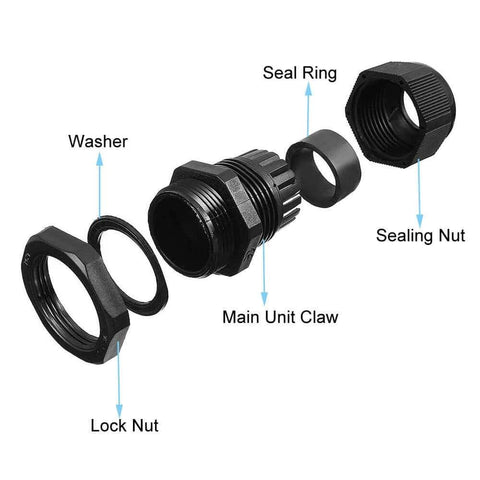 Exploded view of Pro Grade Nylon PG9 Cable Glands Kit For DIY Home Garden Projects 4 To 8mm Adjustable IP68 Waterproof with washer, nut, and seal ring.