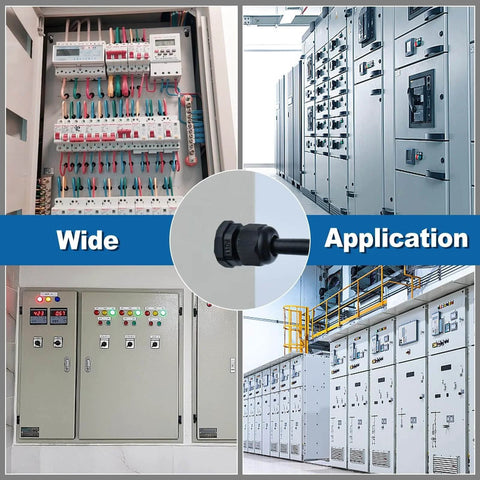 Image showing the wide application of a Waterproof Nylon Cable Gland Kit With 50 Pieces, 3-16 mm Range, Includes PG7 PG9 PG11 PG13.5 PG16 PG19, IP68 Plastic Glands For Indoor And Outdoor Use, Cord Grip Connectors, No-Fuss All-In-One Waterproof Cable Gland Set in various electrical installations.