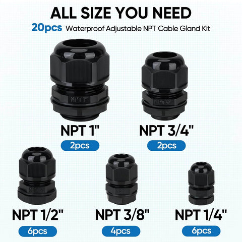 IP68 Waterproof Cable Gland Kit, Nylon NPT Adjustable Cable Seals, shown in five sizes for outdoor junction boxes, black