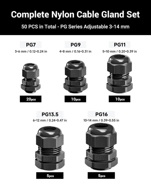 Front view of All In One IP68 Nylon Cable Gland Kit With 50 Waterproof Cord Grips Pro Grade Versatility for PG7 to PG16
