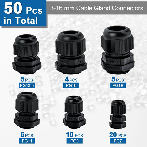 Waterproof Nylon Cable Gland Kit With 50 Pieces, 3-16 mm Range, Includes PG7 PG9 PG11 PG13.5 PG16 PG19, IP68 Plastic Glands