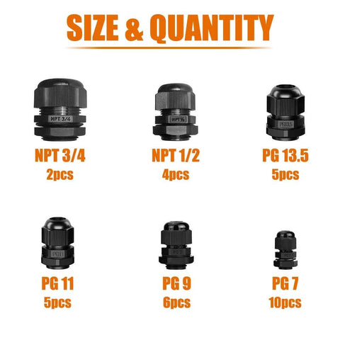 32 Pieces Nylon Cable Gland Kit Waterproof IP68 Adjustable 3 To 18mm With NPT 3/4 NPT 1/2 And PG13.5 PG11 PG9 PG7 Threaded Glands Black