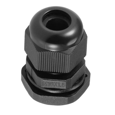 Image of Beefy Heavy Duty M16x1.5 Cable Gland for 4mm to 8mm wire holes, black nylon with adjustable locknut and washer, front view