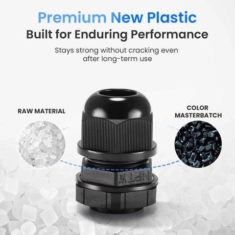 M22x1.5 Nylon Cable Gland Waterproof IP68 Black Cord Gripper Fitting With Adjustable Sealing Nut Strain Relief RoHS Compliant Built Outdoor And Industrial Use Tough Water Sealing Against Salt Oil Dust In Harsh Environments 1 Piece product image showing black fitting material texture and color masterbatch.